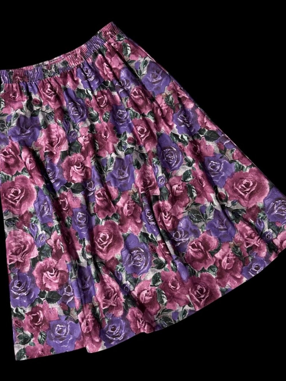 Vintage Floral Skirt Elastic Waist Size 12 Midi Purple Pink Roses Cottage USA